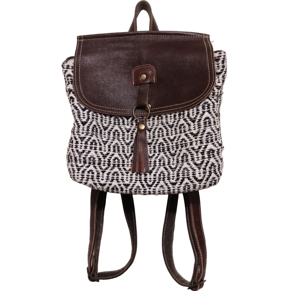 Myra Bag Leffis Backpack Purse Canvas Leather Zip Close Boho Travel Upcycled